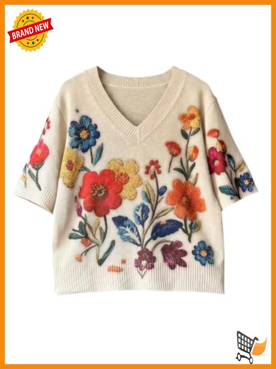 Sweaters - Boho Floral Half Sleeve V-Neck Pullover Sweater Loose Fit Lightweight